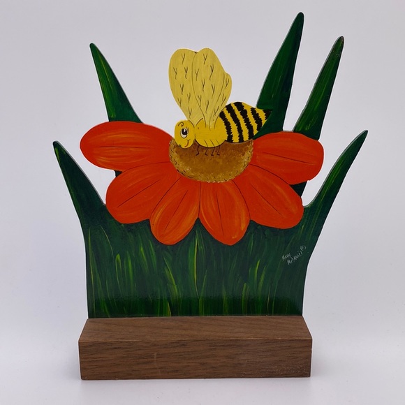 Vintage Other - Vintage Honey Bee Flower Wood Art Hand Painted Artist Signed